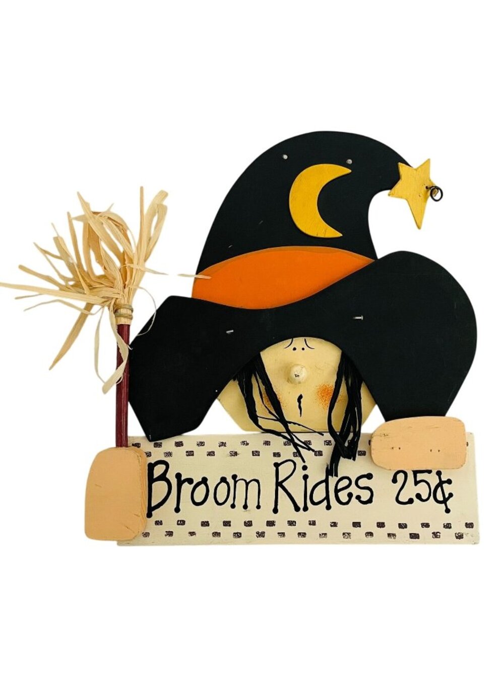 Wooden Halloween Witch Sign Broom Rides 25 Cents Rustic Whimsical Wall Decor